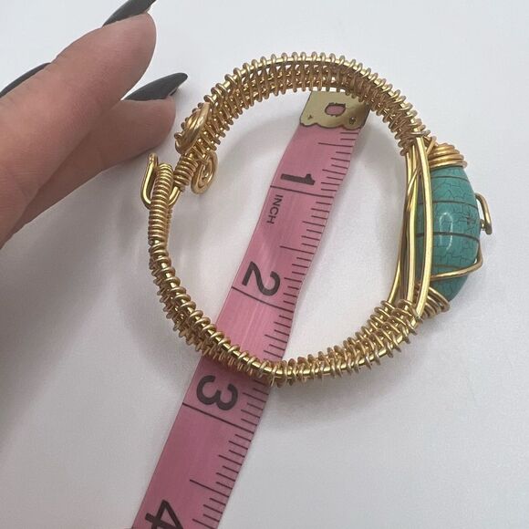 Gold Toned Wire Bracelet/Cuff With Turquoise Stone - Picture 6 of 8